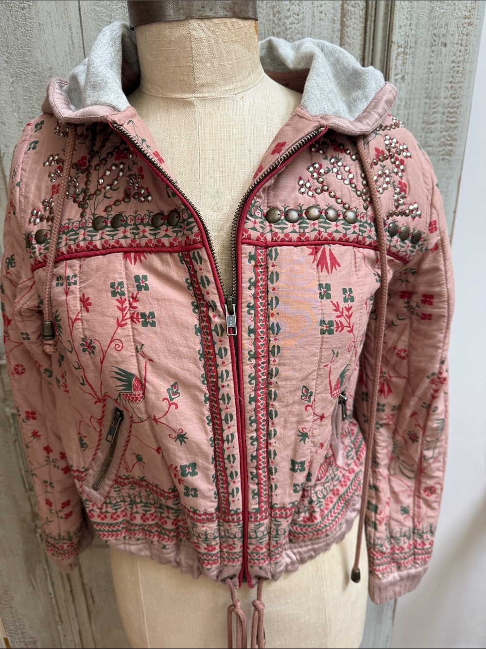 Free People Pink Embroidered Hooded Bomber Jacket